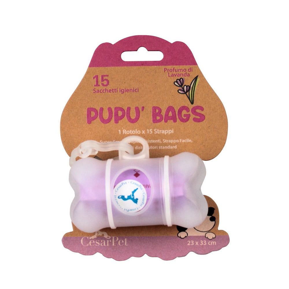 Dispenser portasacchetti igienici Cesarano Pupù Bags di colore lilla, agganciato a un guinzaglio, include sacchetti profumati alla lavanda.