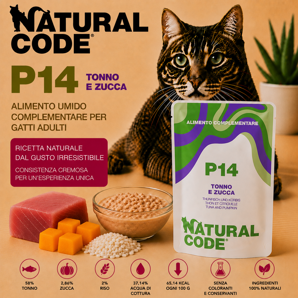 Natural Code P14 Tonno e Zucca - Alimento per Gatti Adulti 70 g