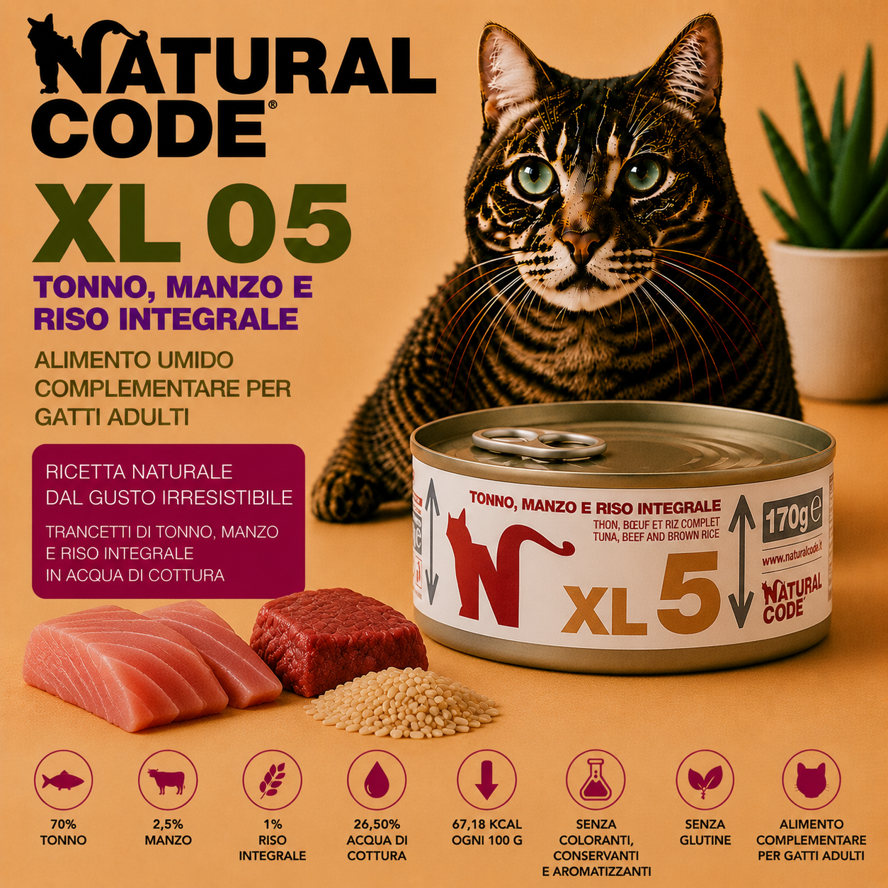 Natural Code XL05 Tonno, Manzo e Riso Integrale 170 g – Alimento Umido per Gatti Adulti
