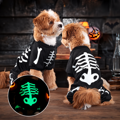 Costume Scheletro Halloween per Cani Fosforescente – Tutina Nera per Cani Piccoli e Medi