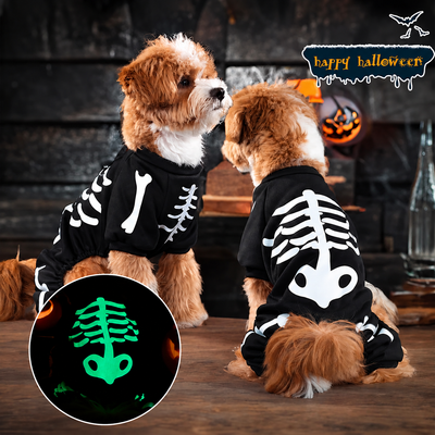 Costume Scheletro Halloween per Cani Fosforescente – Tutina Nera per Cani Piccoli e Medi