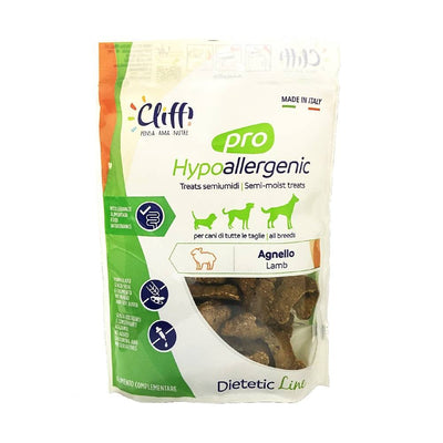 Confezione di Cliffi Pro Hypoallergenic Snack all'agnello da 100g, premietti semiumidi monoproteici per cani con intolleranze alimentari.