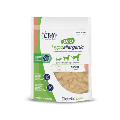 Confezione di Cliffi Pro Hypoallergenic Snack all'agnello da 100g, premietti semiumidi monoproteici per cani con intolleranze alimentari.