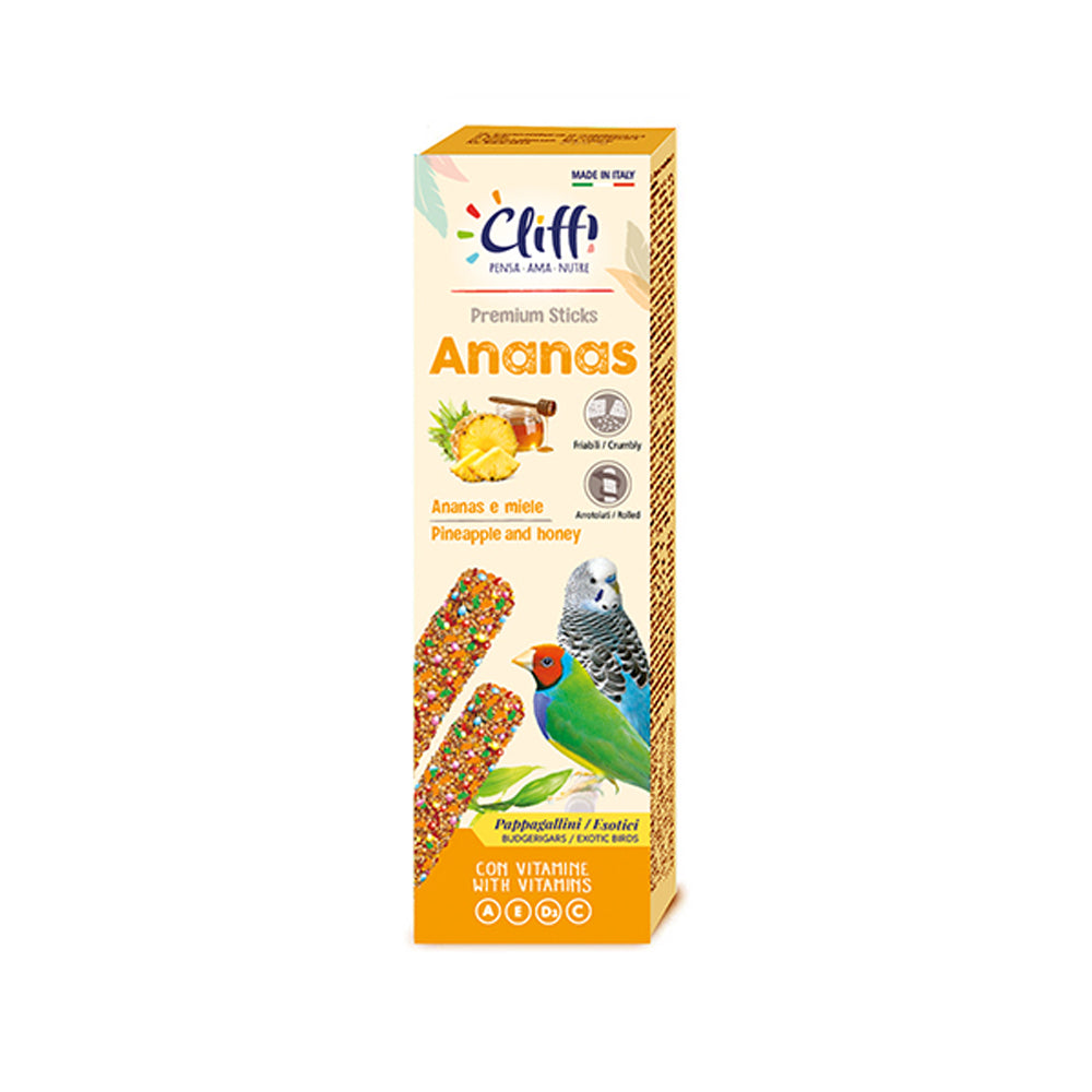 Confezione di Cliffi Sticks all'Ananas e Miele per pappagallini ed uccelli esotici da 60g, due bastoncini nutrienti per favorire la digestione e il benessere degli uccelli da compagnia.
