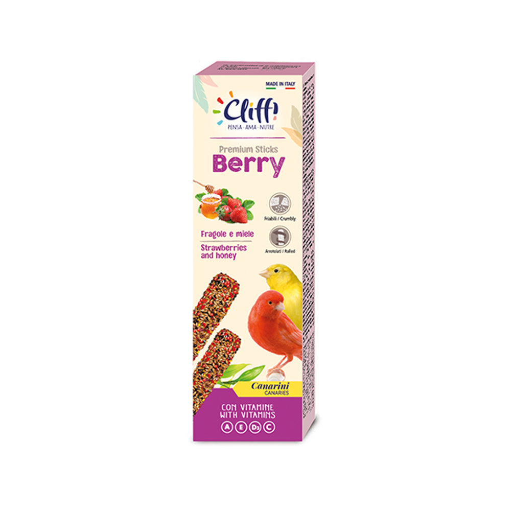 Astuccio Cliffi Sticks Berry per canarini da 60g, due bastoncini ai frutti di bosco e miele ricchi di vitamina C per il benessere e l'energia degli uccelli.