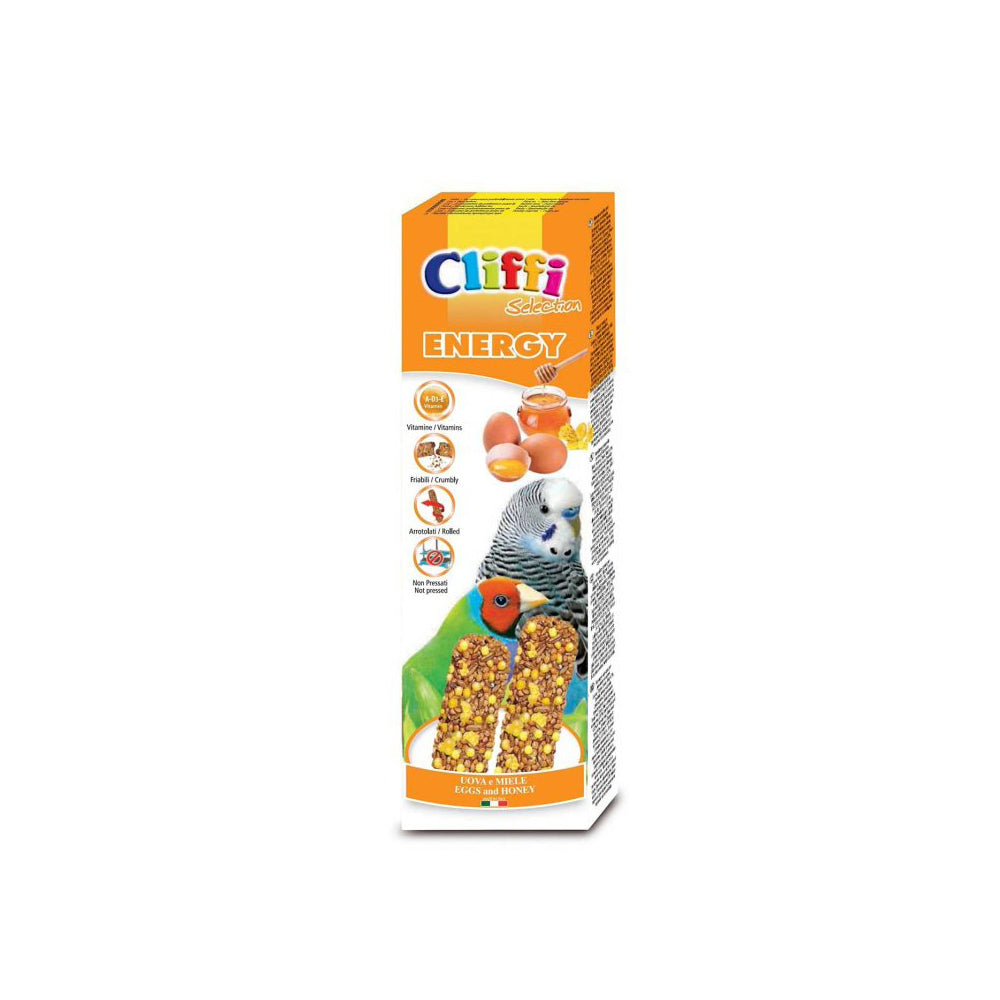 Confezione di Cliffi Sticks Energy per pappagallini ed esotici da 60g, bastoncini nutrienti con uova e miele per la forza muscolare e la forma fisica degli uccelli.