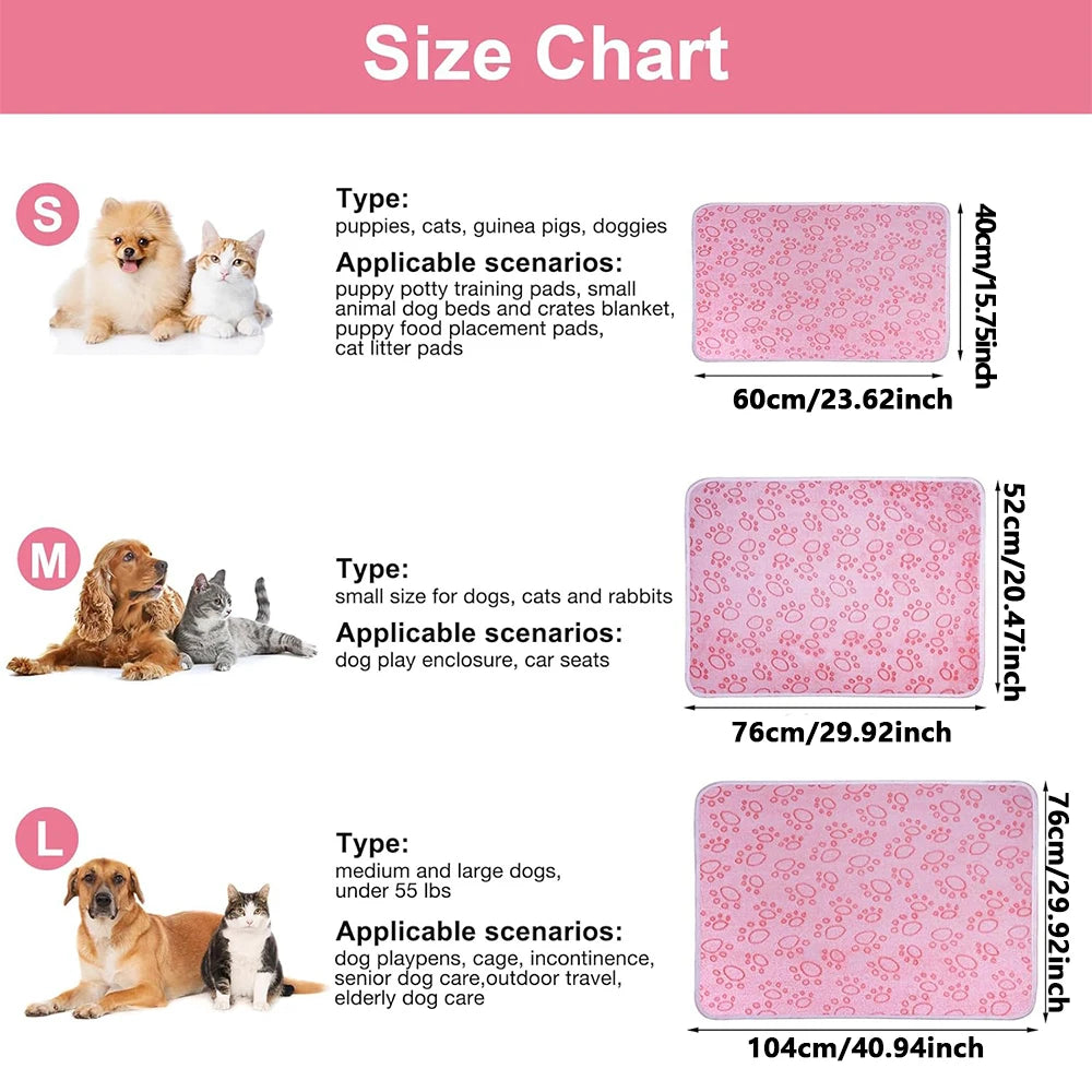 Coperta morbida per cani e gatti in flanella grigia, rosa e ciano con disegni di impronte, disponibile in tre misure, ideale per proteggere il divano.