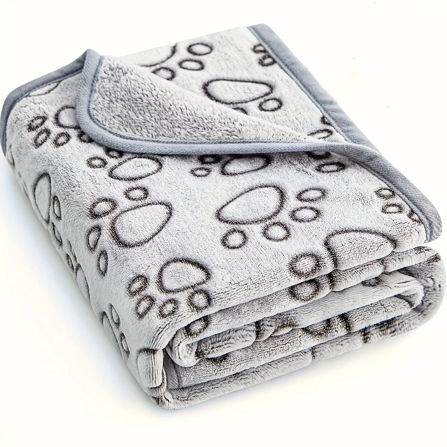 Coperta morbida per cani e gatti in flanella grigia, rosa e ciano con disegni di impronte, disponibile in tre misure, ideale per proteggere il divano.