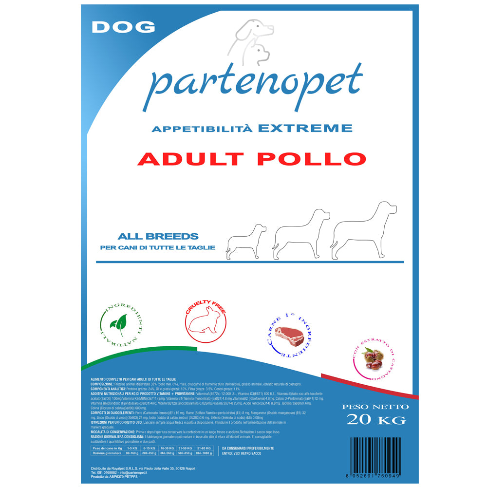 Sacco di crocchette per cani da 20 kg al pollo marca Partenopet
