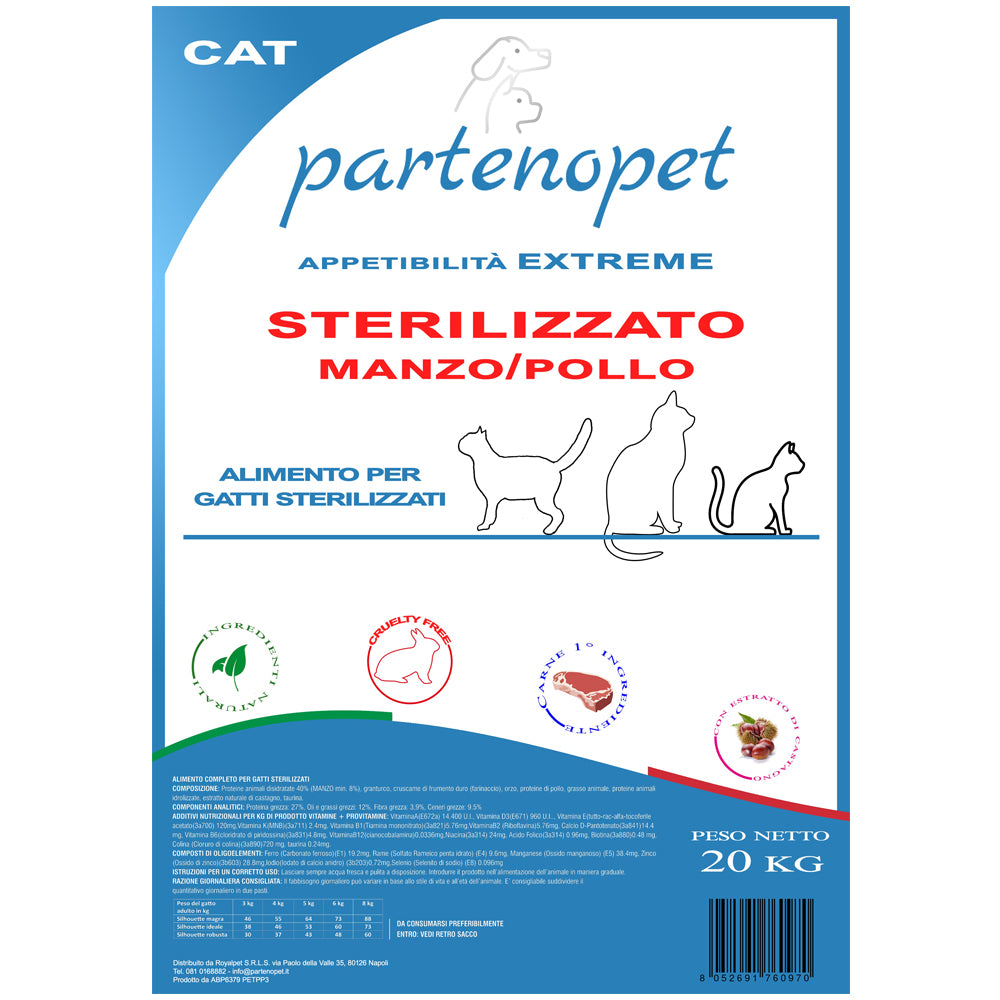 Sacco di crocchette da 20 kg per gatti sterilizzati al manzo e pollo marca Partenopet