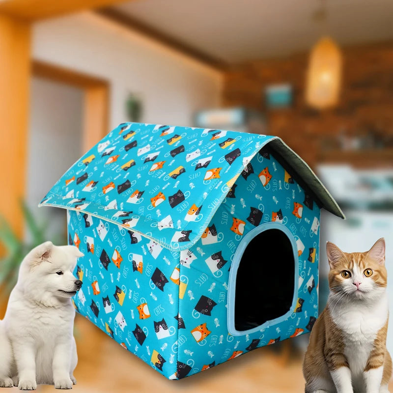 Casetta per gatti da esterno impermeabile a forma di tenda, disponibile in fantasie cactus, fragola e oceano, protezione pioggia e sole per pet.