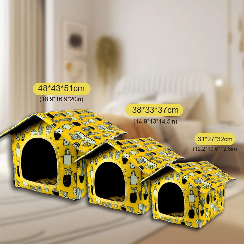 Casetta per gatti da esterno impermeabile a forma di tenda, disponibile in fantasie cactus, fragola e oceano, protezione pioggia e sole per pet.
