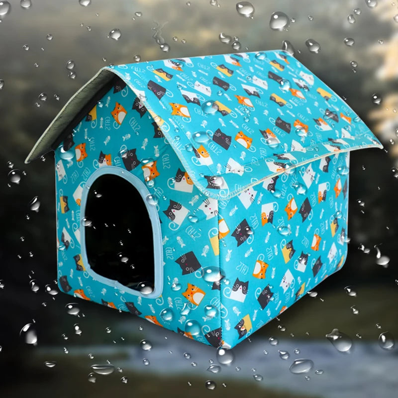 Casetta per gatti da esterno impermeabile a forma di tenda, disponibile in fantasie cactus, fragola e oceano, protezione pioggia e sole per pet.