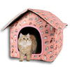 Casetta per gatti da esterno impermeabile a forma di tenda, disponibile in fantasie cactus, fragola e oceano, protezione pioggia e sole per pet.
