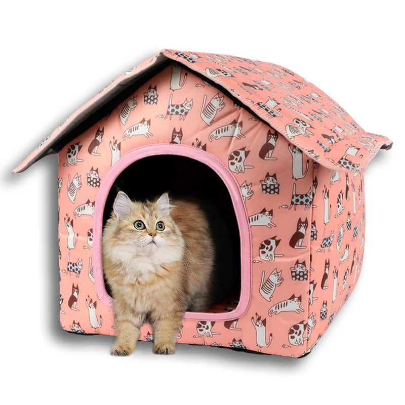 Casetta per gatti da esterno impermeabile a forma di tenda, disponibile in fantasie cactus, fragola e oceano, protezione pioggia e sole per pet.