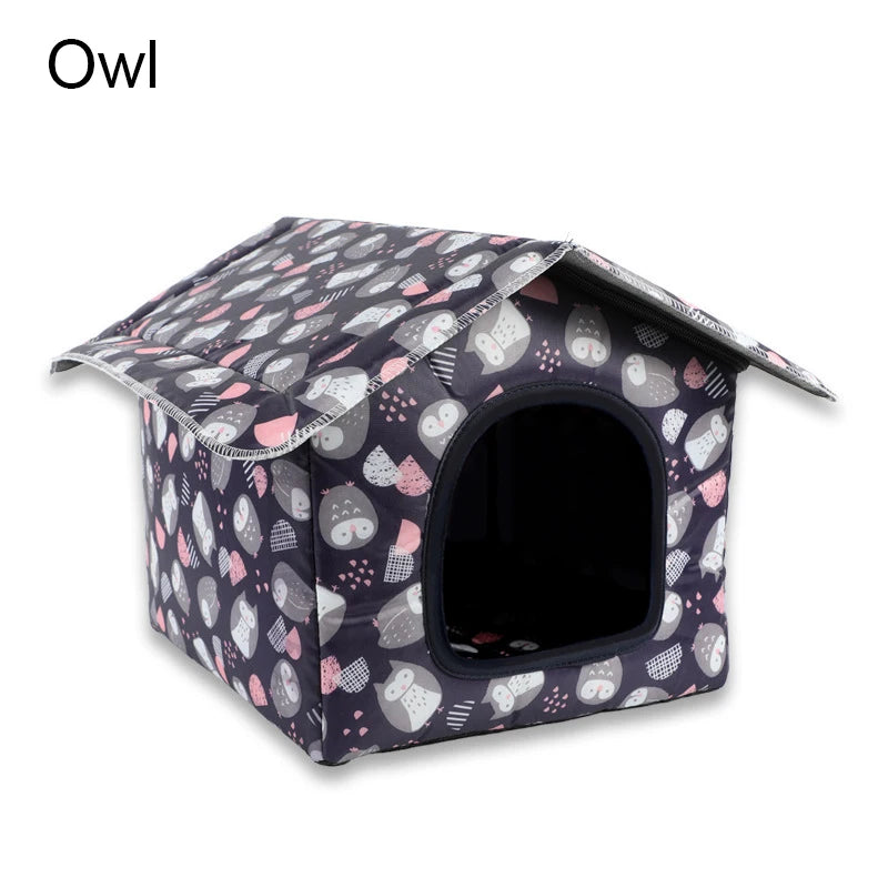 Casetta per gatti da esterno impermeabile a forma di tenda, disponibile in fantasie cactus, fragola e oceano, protezione pioggia e sole per pet.
