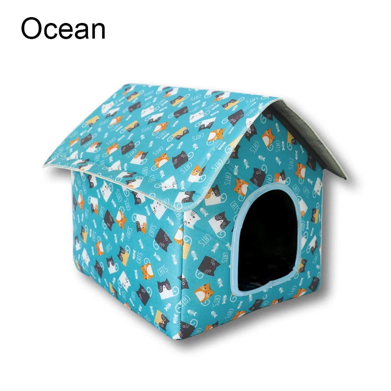 Casetta per gatti da esterno impermeabile a forma di tenda, disponibile in fantasie cactus, fragola e oceano, protezione pioggia e sole per pet.