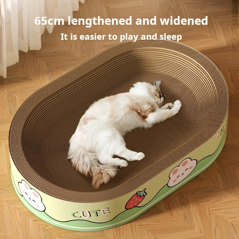 Cuccia tiragraffi integrata per gatti in cartone pressato ad alta densità. Disponibile in versione ovale e circolare, design moderno e resistente ai graffi.