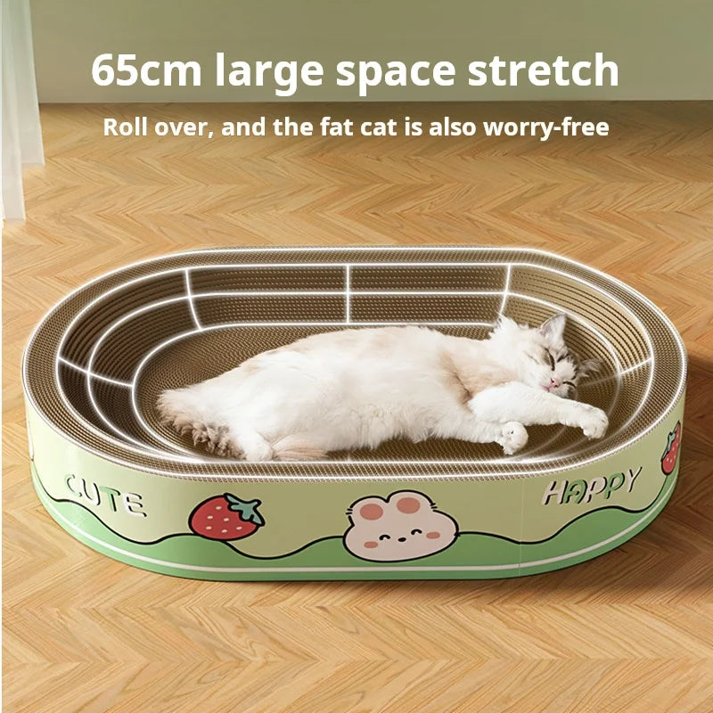 Cuccia tiragraffi integrata per gatti in cartone pressato ad alta densità. Disponibile in versione ovale e circolare, design moderno e resistente ai graffi.