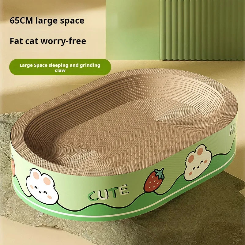 Cuccia tiragraffi integrata per gatti in cartone pressato ad alta densità. Disponibile in versione ovale e circolare, design moderno e resistente ai graffi.