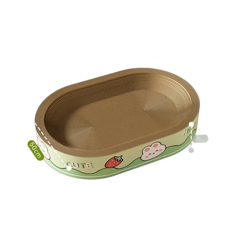 Cuccia tiragraffi integrata per gatti in cartone pressato ad alta densità. Disponibile in versione ovale e circolare, design moderno e resistente ai graffi.
