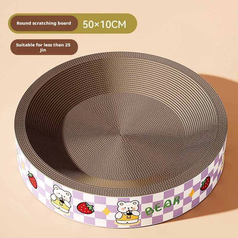Cuccia tiragraffi integrata per gatti in cartone pressato ad alta densità. Disponibile in versione ovale e circolare, design moderno e resistente ai graffi.