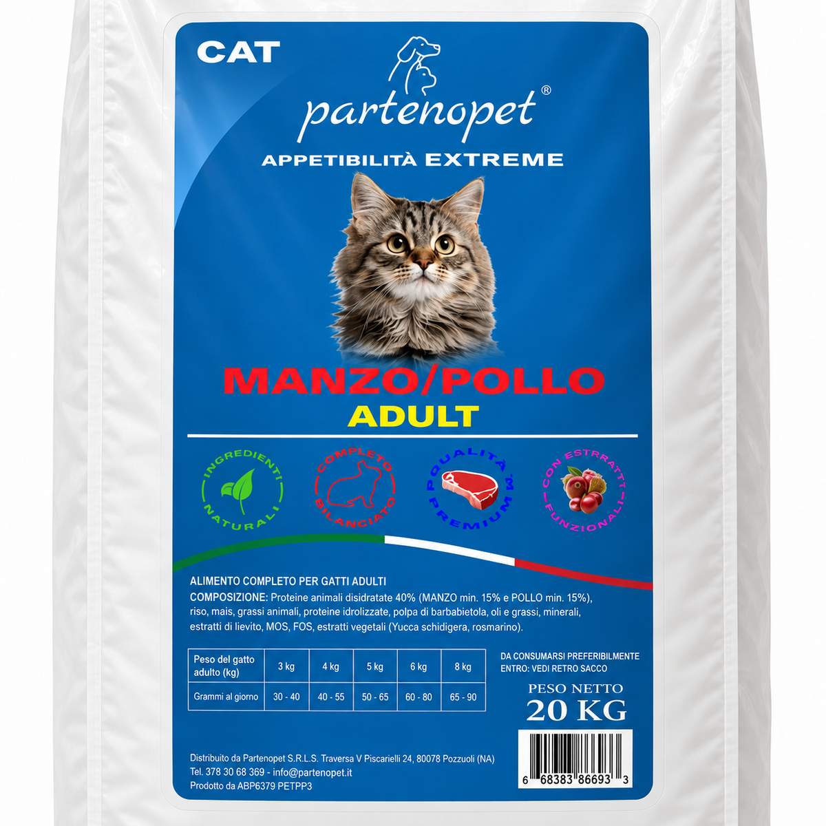 Dettaglio della confezione Partenopet Cat Adult Manzo Pollo da 20 kg