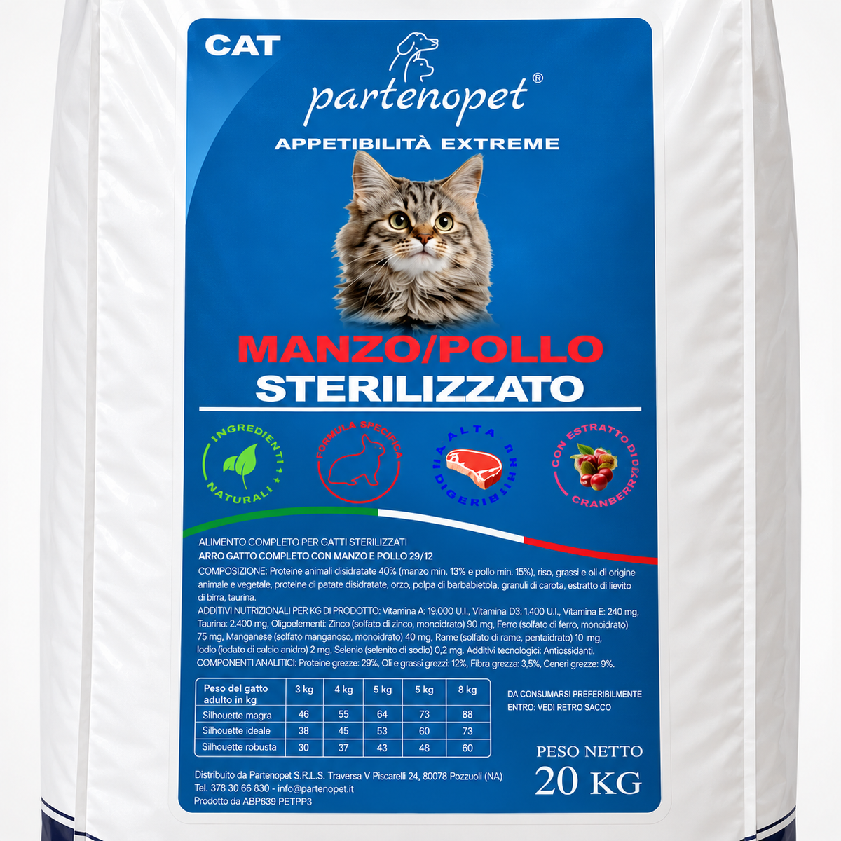 Dettaglio della confezione Partenopet Cat Sterilizzato Manzo Pollo da 20 kg