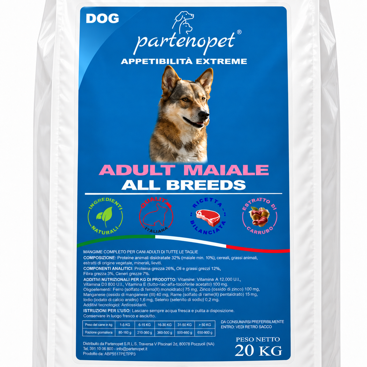 Dettaglio della confezione Partenopet Dog Adult Maiale All Breeds da 20 kg