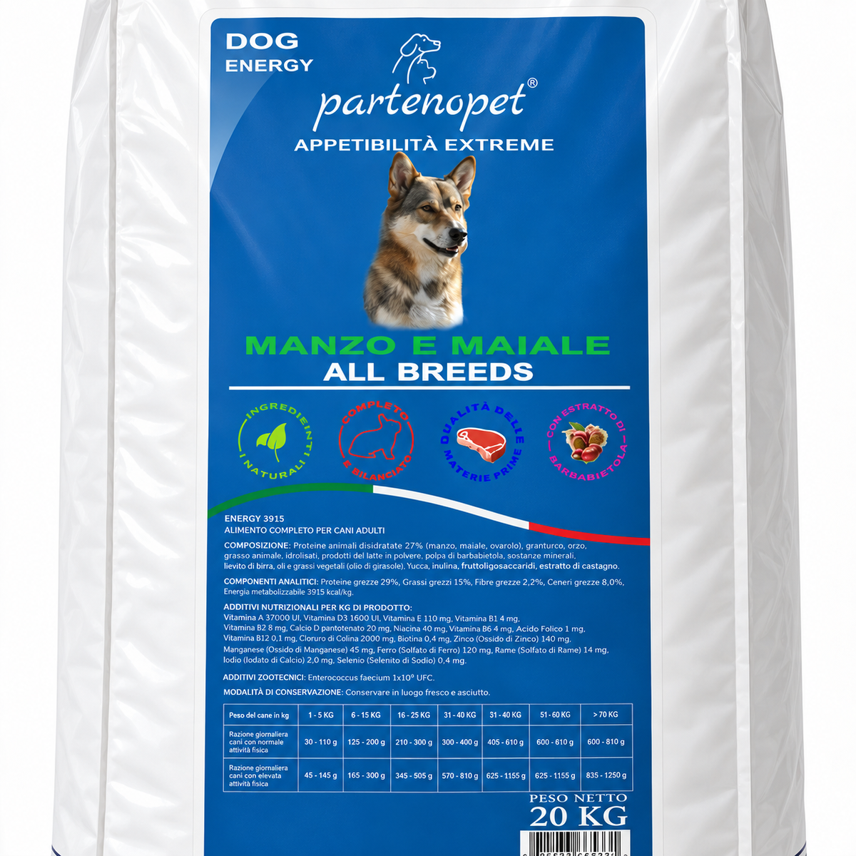 Dettaglio della confezione Partenopet Dog Energy Manzo e Maiale All Breeds da 20 kg