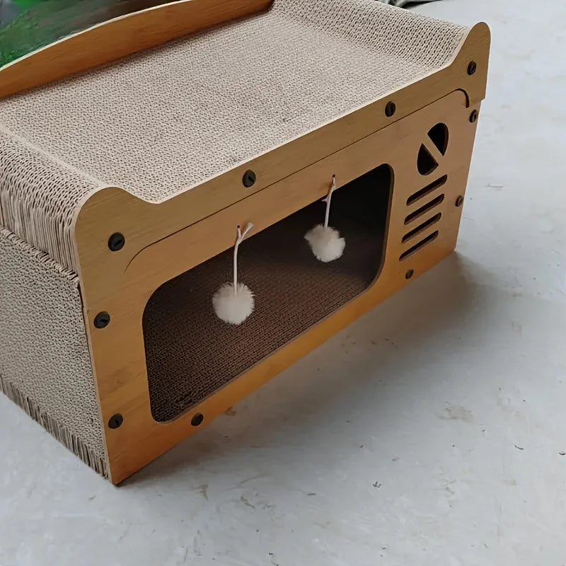 Divano tiragraffi per gatti con cuccia nido in cartone pressato, colonna in sisal verticale e giochi interattivi sospesi, dimensioni 51x26x30 cm, ideale per arredo casa e benessere gatti.