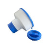 Dosatore di cloro galleggiante blu e bianco da 7 pollici, con ghiera regolabile per pastiglie da 3 pollici, ideale per la sanificazione di piscine e spa.