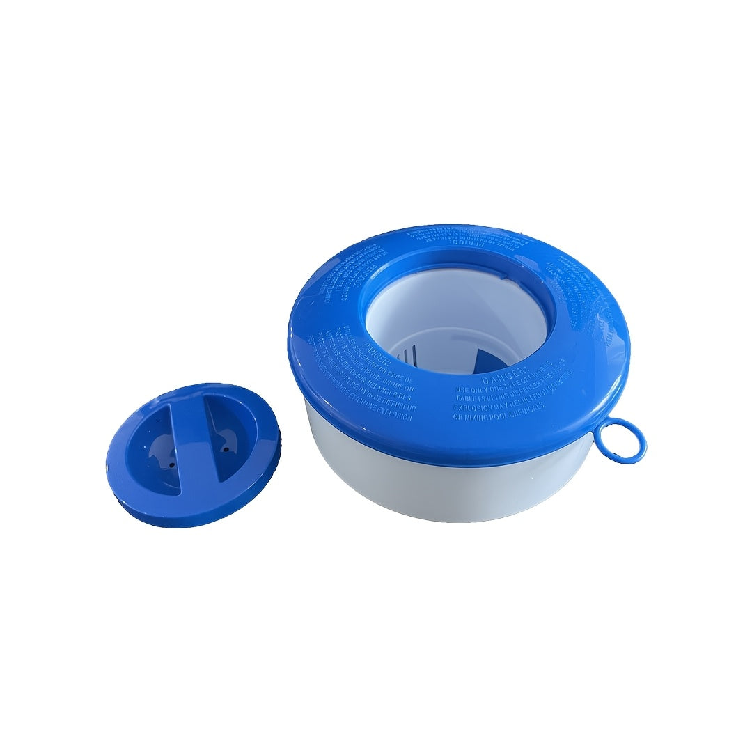 Dosatore di cloro galleggiante blu e bianco da 7 pollici, con ghiera regolabile per pastiglie da 3 pollici, ideale per la sanificazione di piscine e spa.