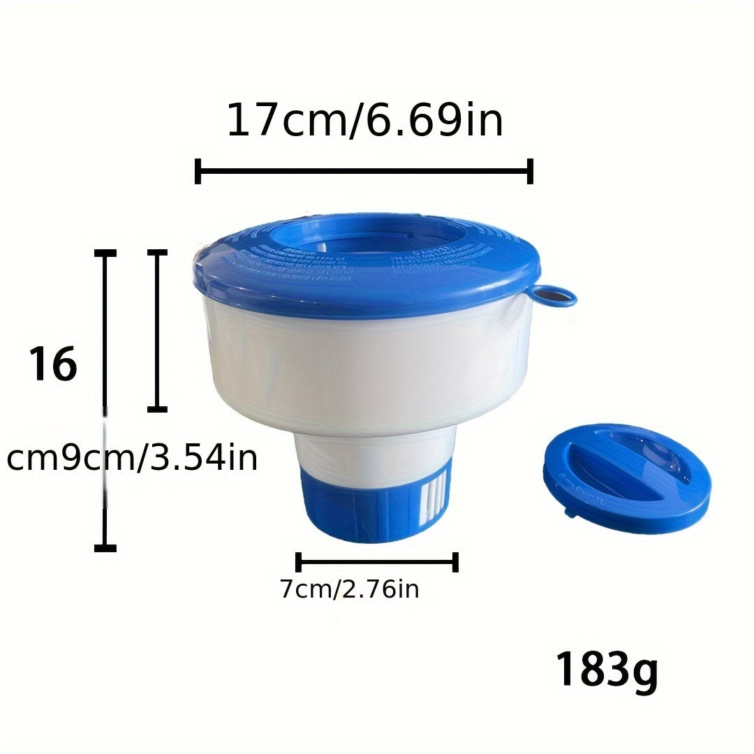 Dosatore di cloro galleggiante blu e bianco da 7 pollici, con ghiera regolabile per pastiglie da 3 pollici, ideale per la sanificazione di piscine e spa.