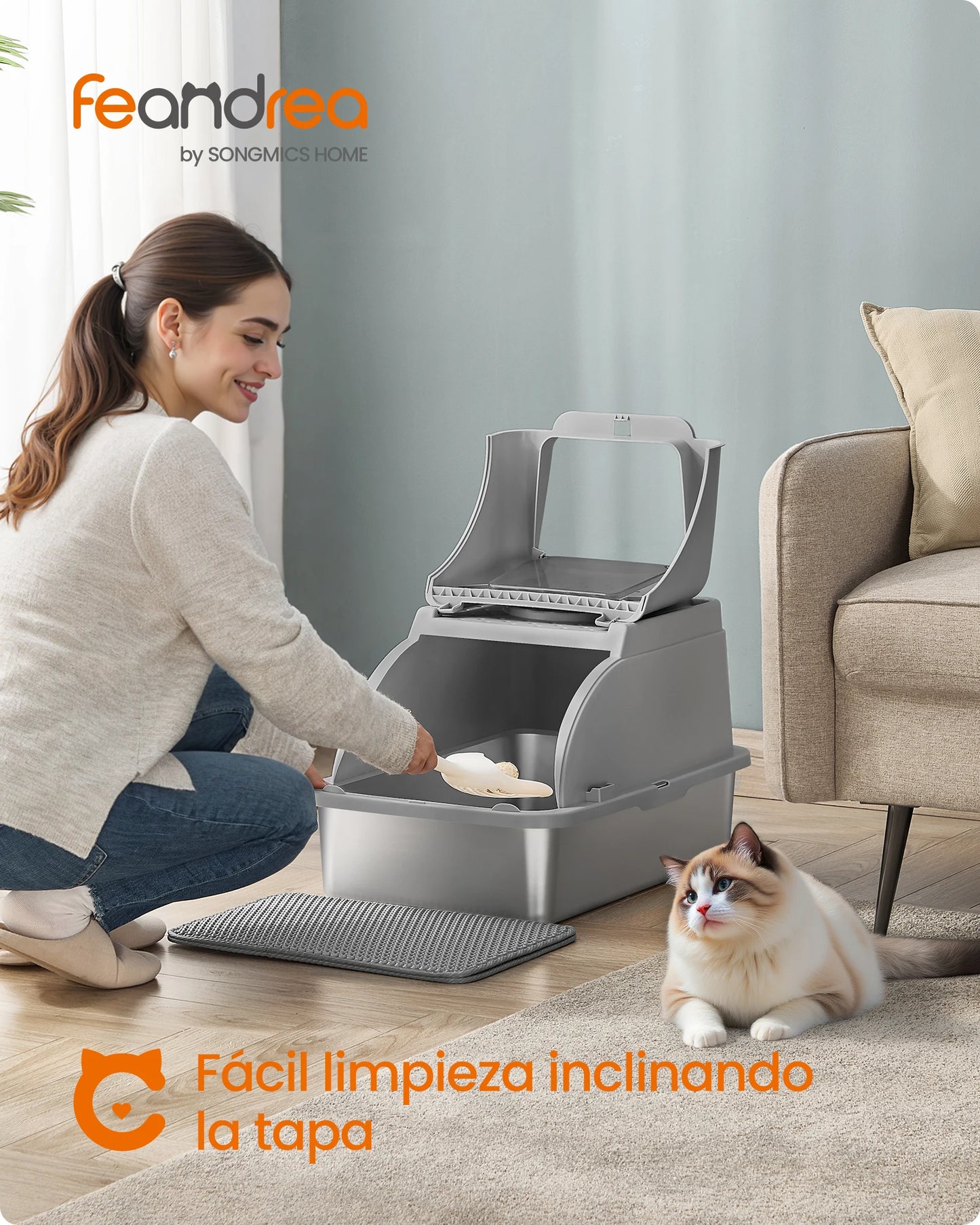 Lettiera per Gatti in Acciaio Inox XL con Coperchio | Doppio Ingresso, Antiperdita, 61 × 41 × 36,5 cm