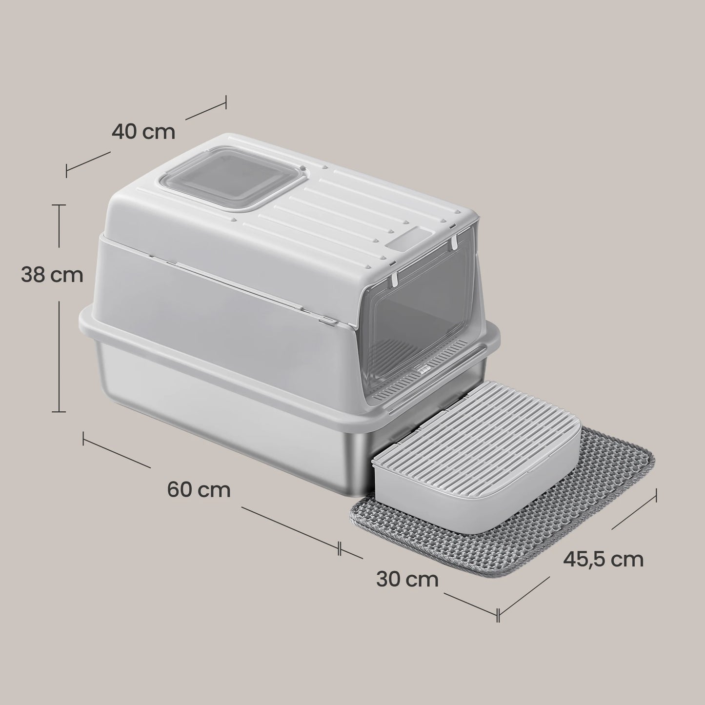 Lettiera per Gatti Grandi in Acciaio Inossidabile con Coperchio (60x40x38 cm) – Cassetta Igienica XXL da 28L Anti-Odore e Anti-Perdita, con Paletta e Tappetino inclusi