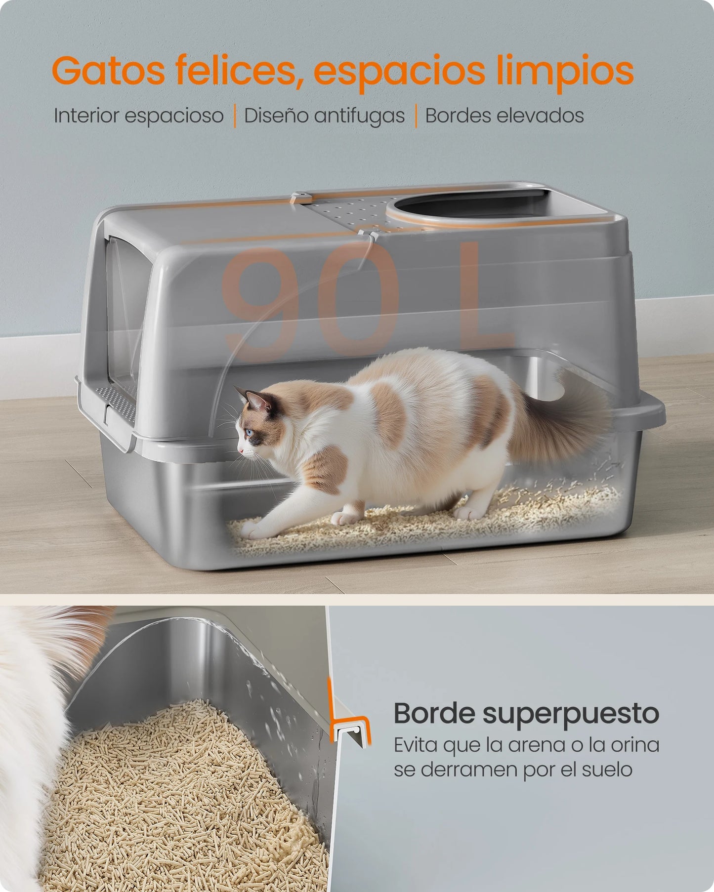 Lettiera per Gatti in Acciaio Inox XL con Coperchio | Doppio Ingresso, Antiperdita, 61 × 41 × 36,5 cm