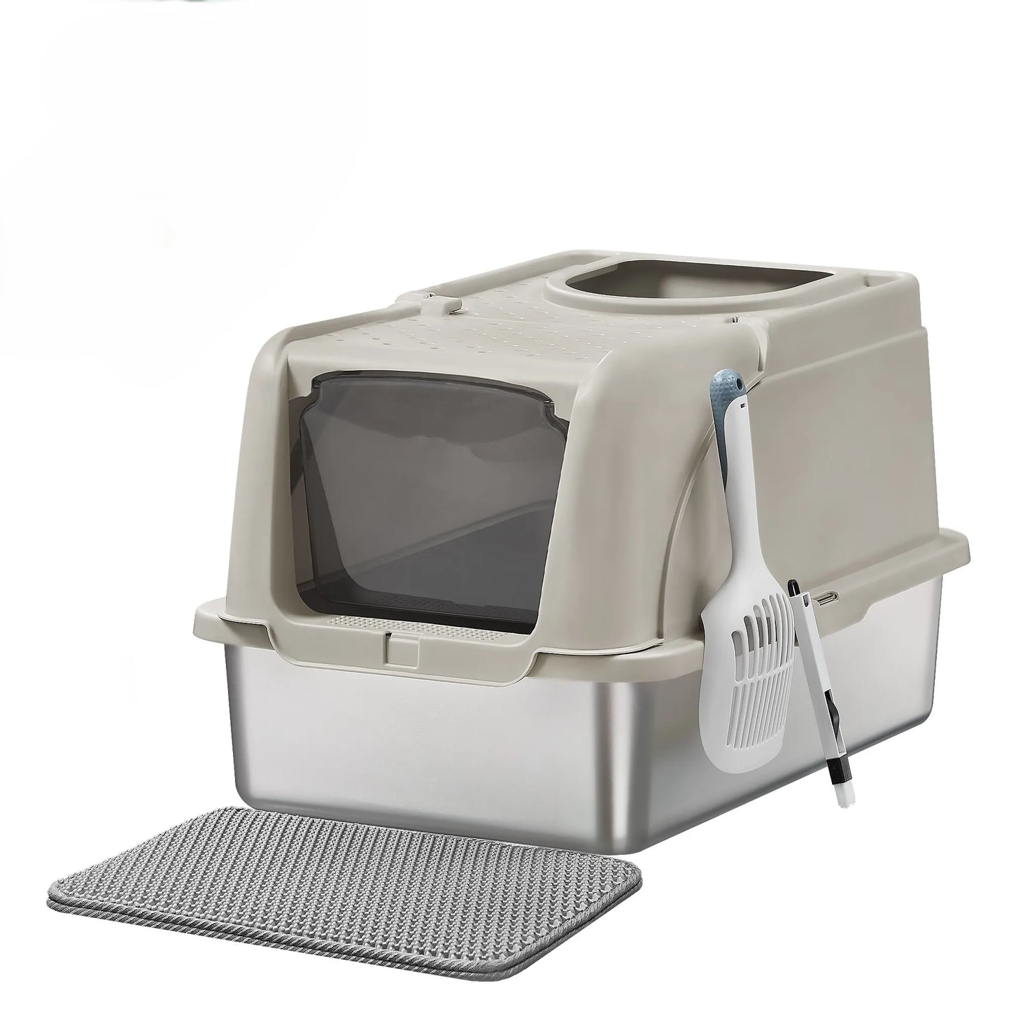 Lettiera per Gatti in Acciaio Inox XL con Coperchio | Doppio Ingresso, Antiperdita, 61 × 41 × 36,5 cm
