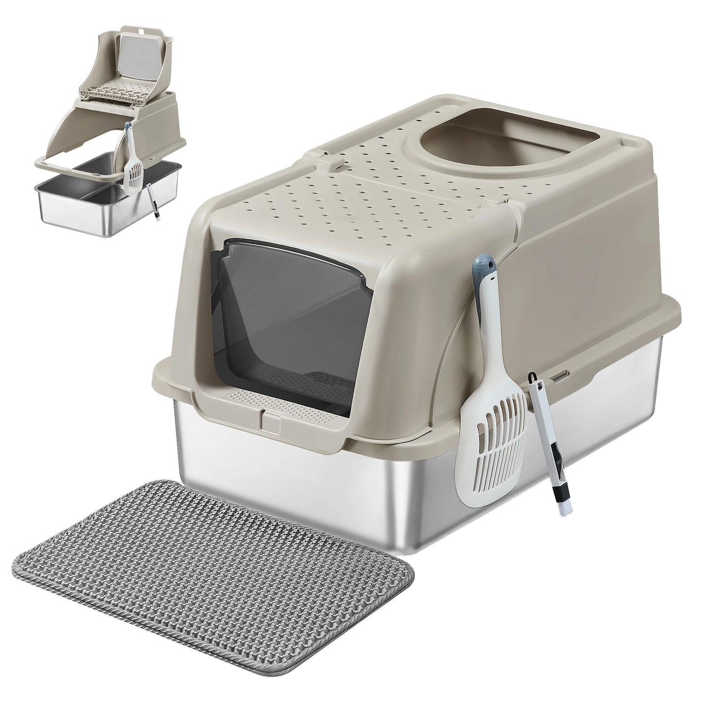 Lettiera per Gatti in Acciaio Inox XL con Coperchio | Doppio Ingresso, Antiperdita, 61 × 41 × 36,5 cm