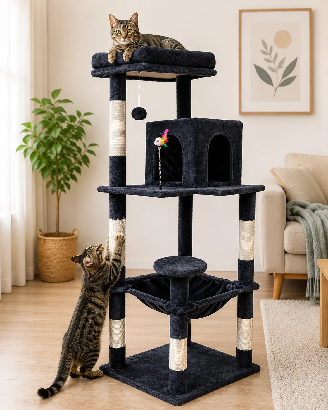 Albero Tiragraffi per Gatti 55 × 45 × 143 cm | Con Cuccia, Amaca e Pali in Sisal