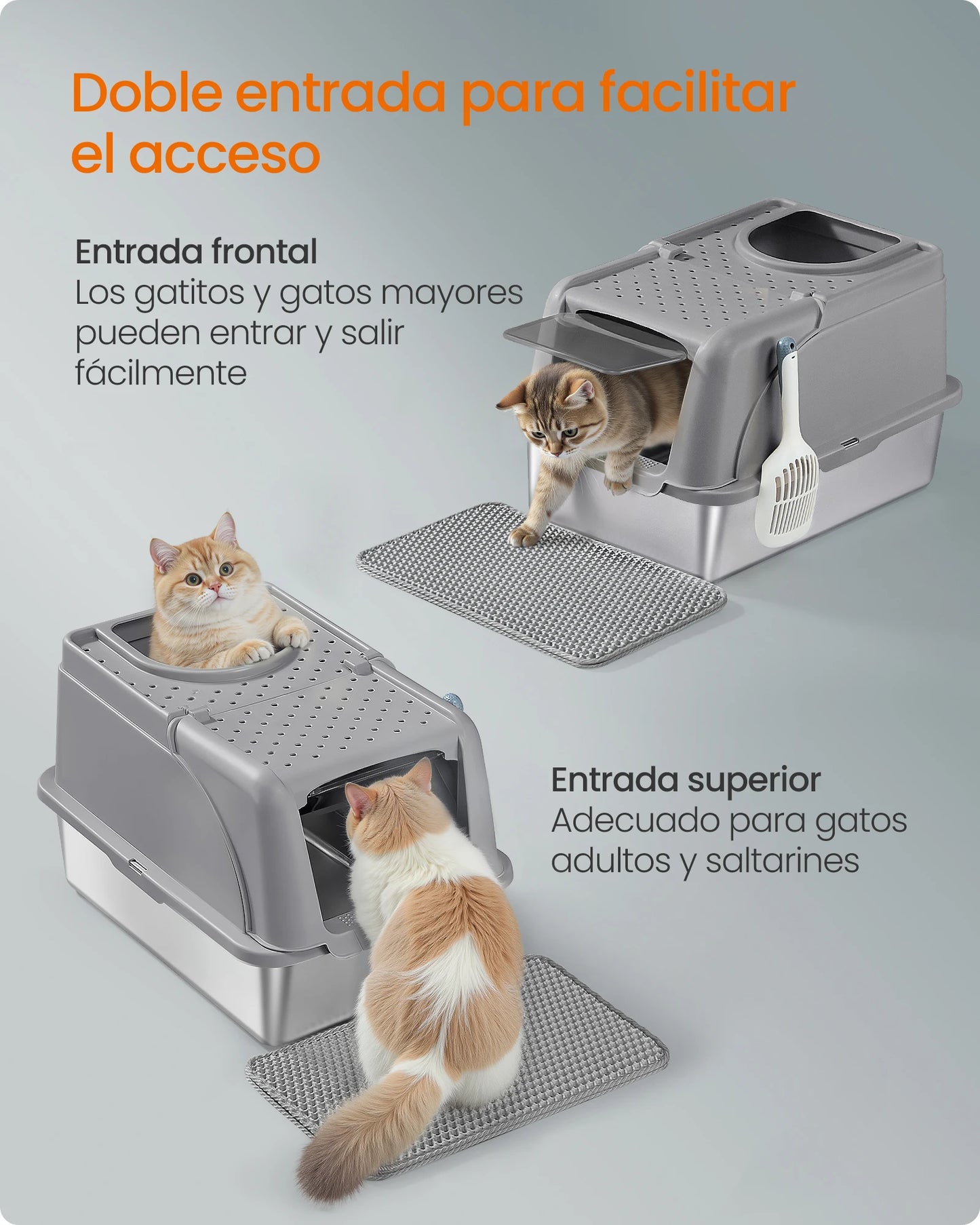 Lettiera per Gatti in Acciaio Inox XL con Coperchio | Doppio Ingresso, Antiperdita, 61 × 41 × 36,5 cm