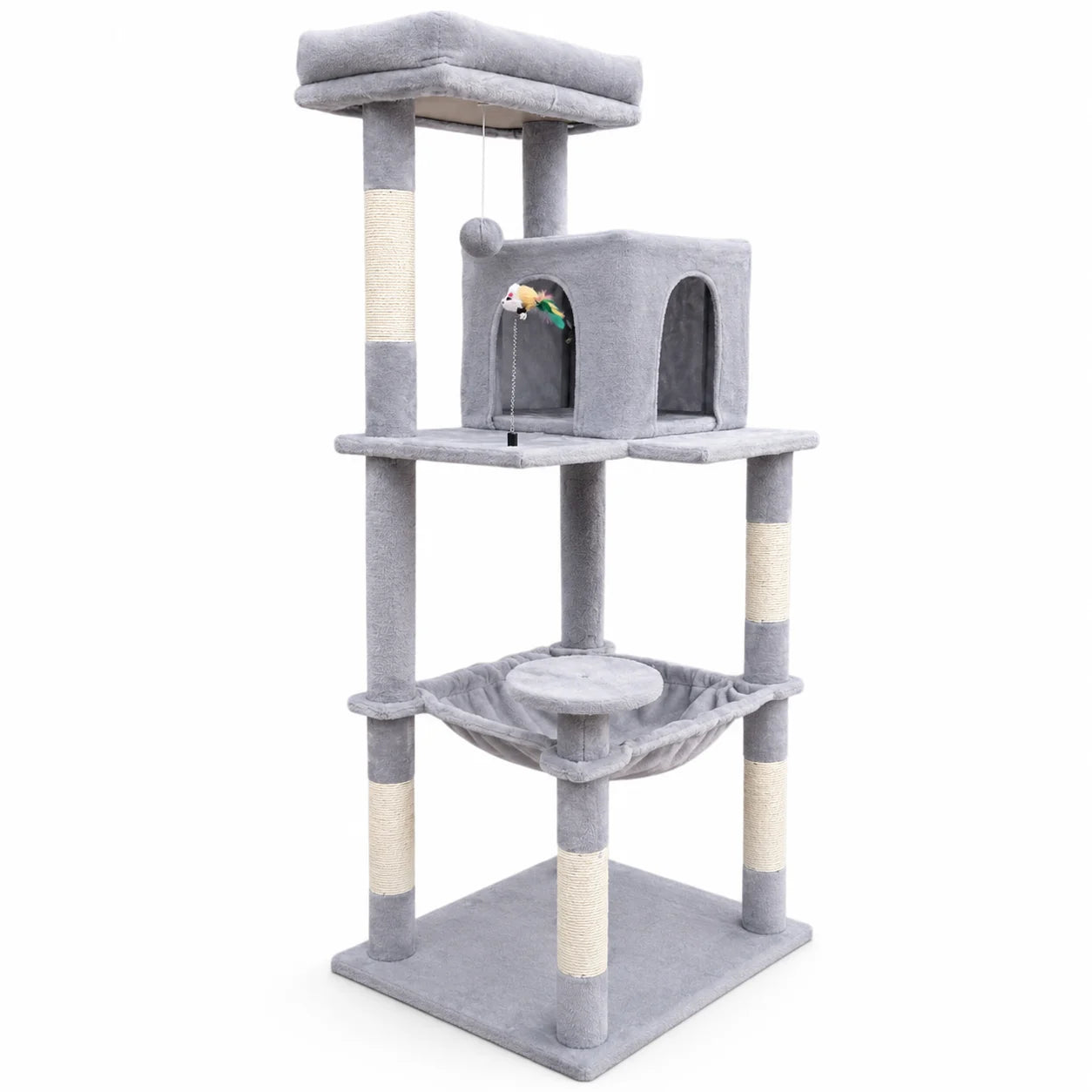 Albero Tiragraffi per Gatti 55 × 45 × 143 cm | Con Cuccia, Amaca e Pali in Sisal