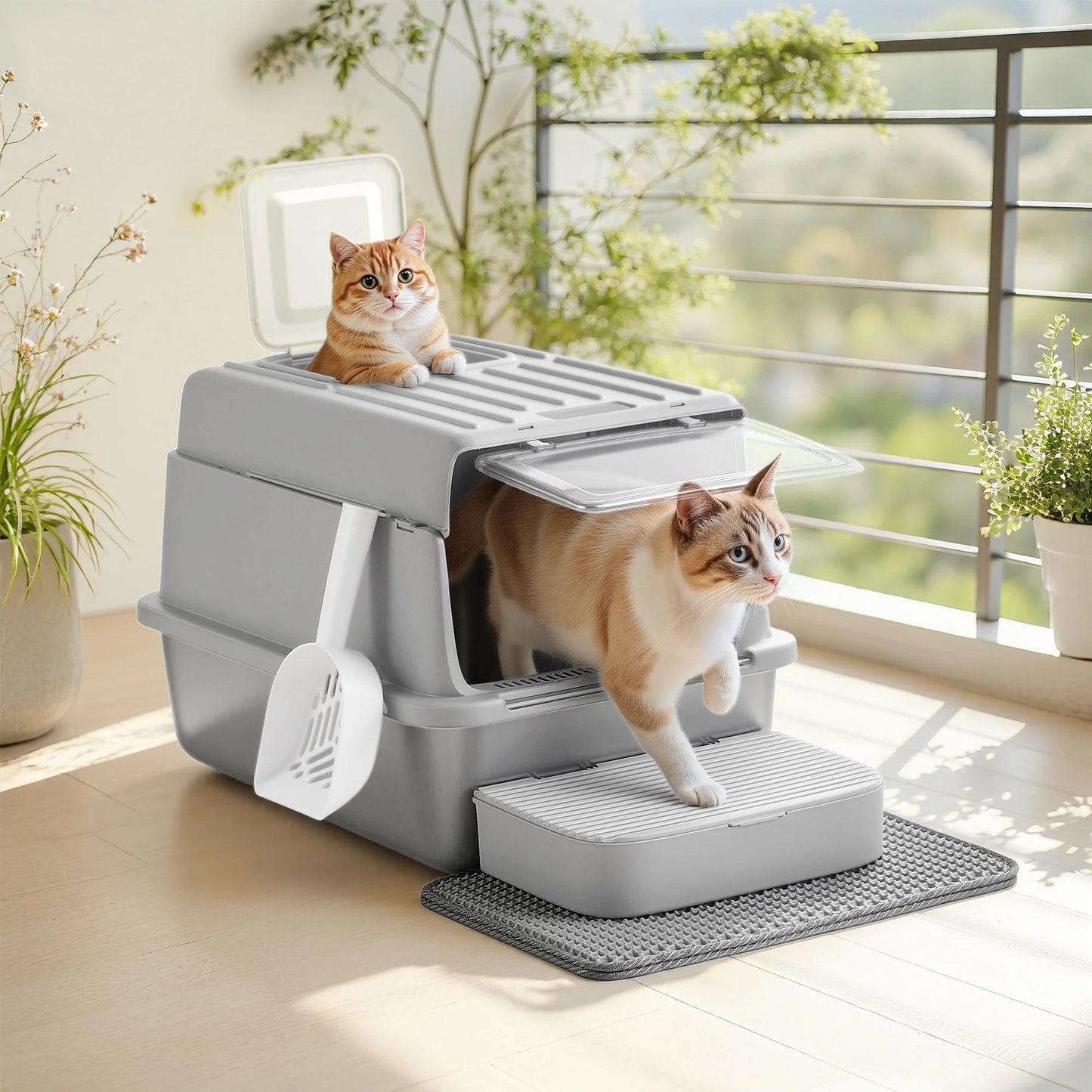 Lettiera per Gatti Grandi in Acciaio Inossidabile con Coperchio (60x40x38 cm) – Cassetta Igienica XXL da 28L Anti-Odore e Anti-Perdita, con Paletta e Tappetino inclusi