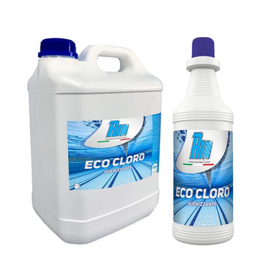 Tanica di EcoCloro Igienizzante professionale per piscina, trattamento ecologico al perossido d'idrogeno 7 in 1, sanificante e antialghe inodore prodotto in Italia, disponibile in formati da 1kg a 10kg.