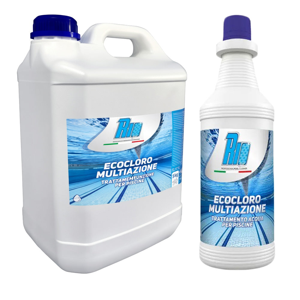 Tanica di EcoCloro Multiazione ecologico per piscina, trattamento 7 in 1 sanificante e antialghe senza odore di cloro, prodotto professionale Made in Italy da 1kg, 5kg e 10kg.