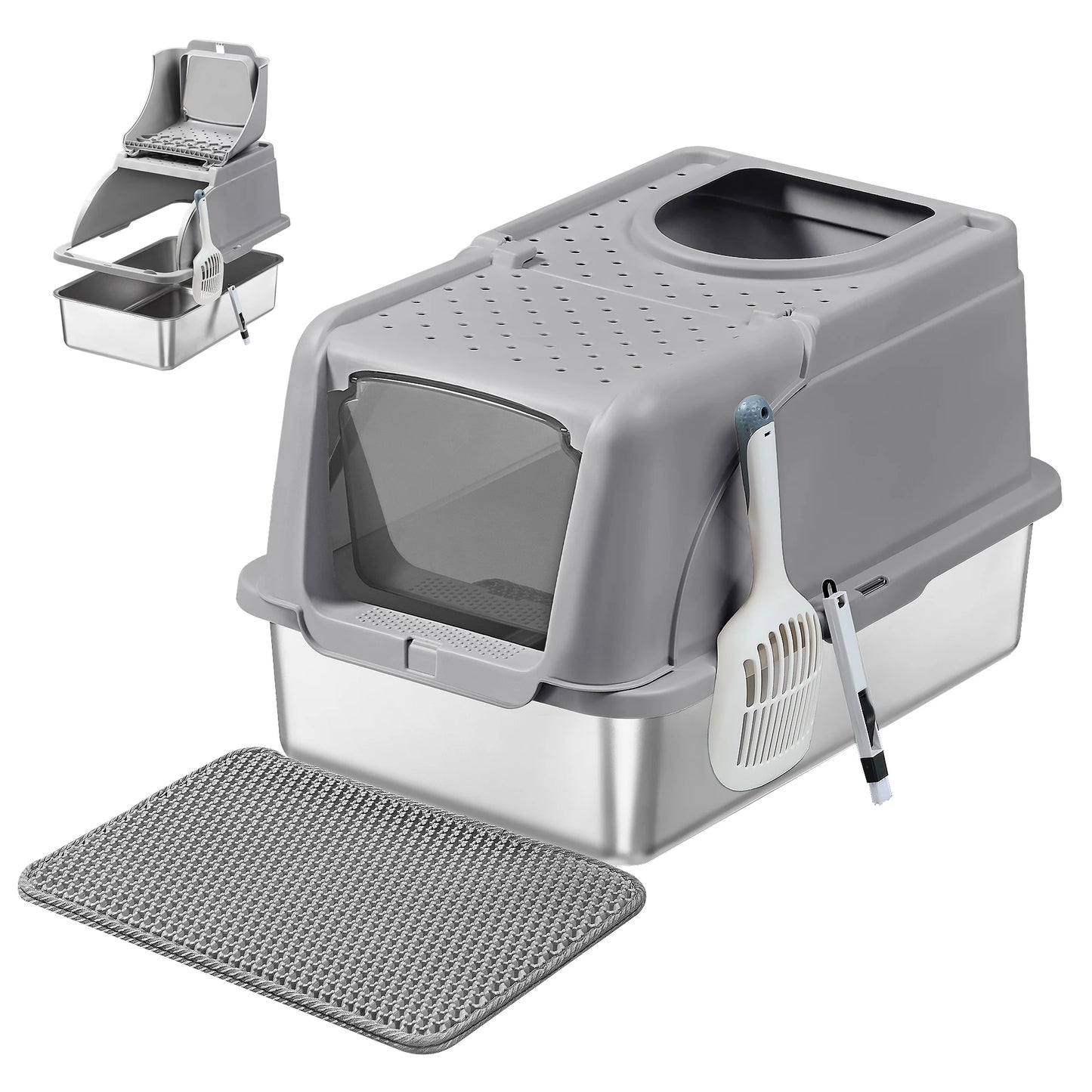 Lettiera per Gatti in Acciaio Inox XL con Coperchio | Doppio Ingresso, Antiperdita, 61 × 41 × 36,5 cm