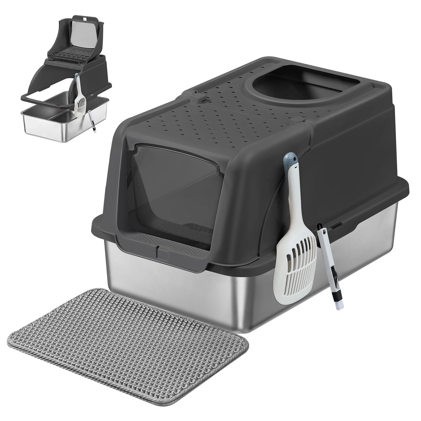 Lettiera per Gatti in Acciaio Inox XL con Coperchio | Doppio Ingresso, Antiperdita, 61 × 41 × 36,5 cm