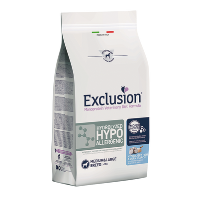 Busta di crocchette per cani ipoallergeniche Exclusion Hydrolized al pesce 2 kg
