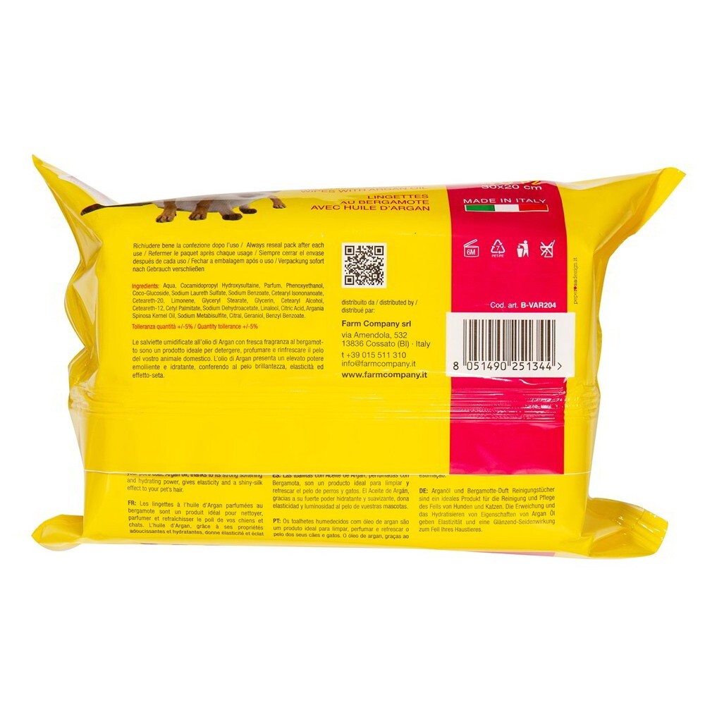 Confezione di salviette imbevute per cani e gatti con argan e bergamotto Farm Company da 40 salviette