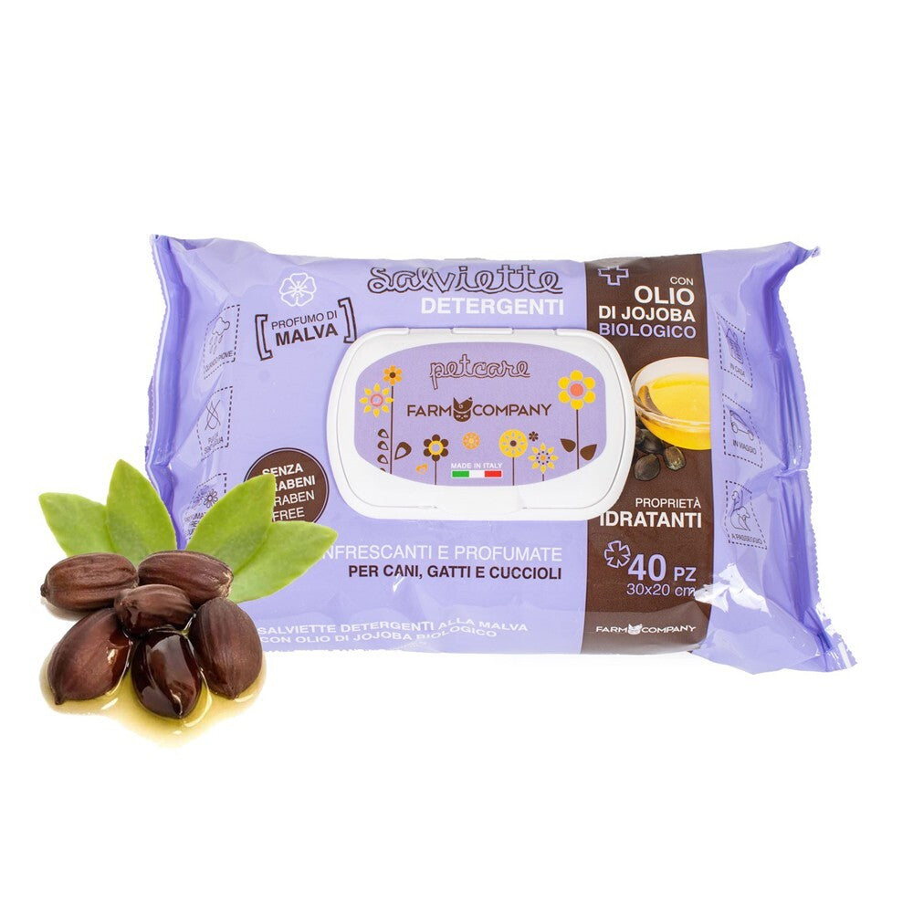 Confezione di salviette per cani e gatti con jojoba e malva Farm Company da 40 salviette 